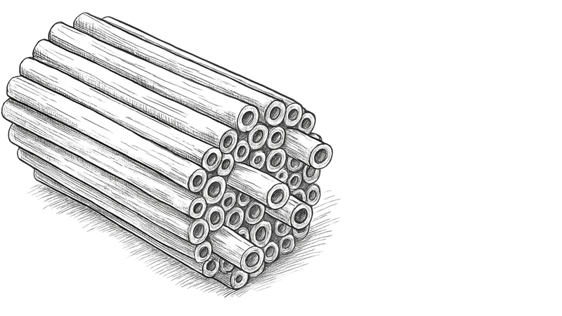 Wildbiene (Rostrote Mauerbiene) kriecht auf den Niströhren eines Insektenhotels aus Schilf. Die Nisthilfen sind teilweise mit Lehm verschlossen. Verwendung als Bienenhaus-Füllung für artgerechten Naturschutz.