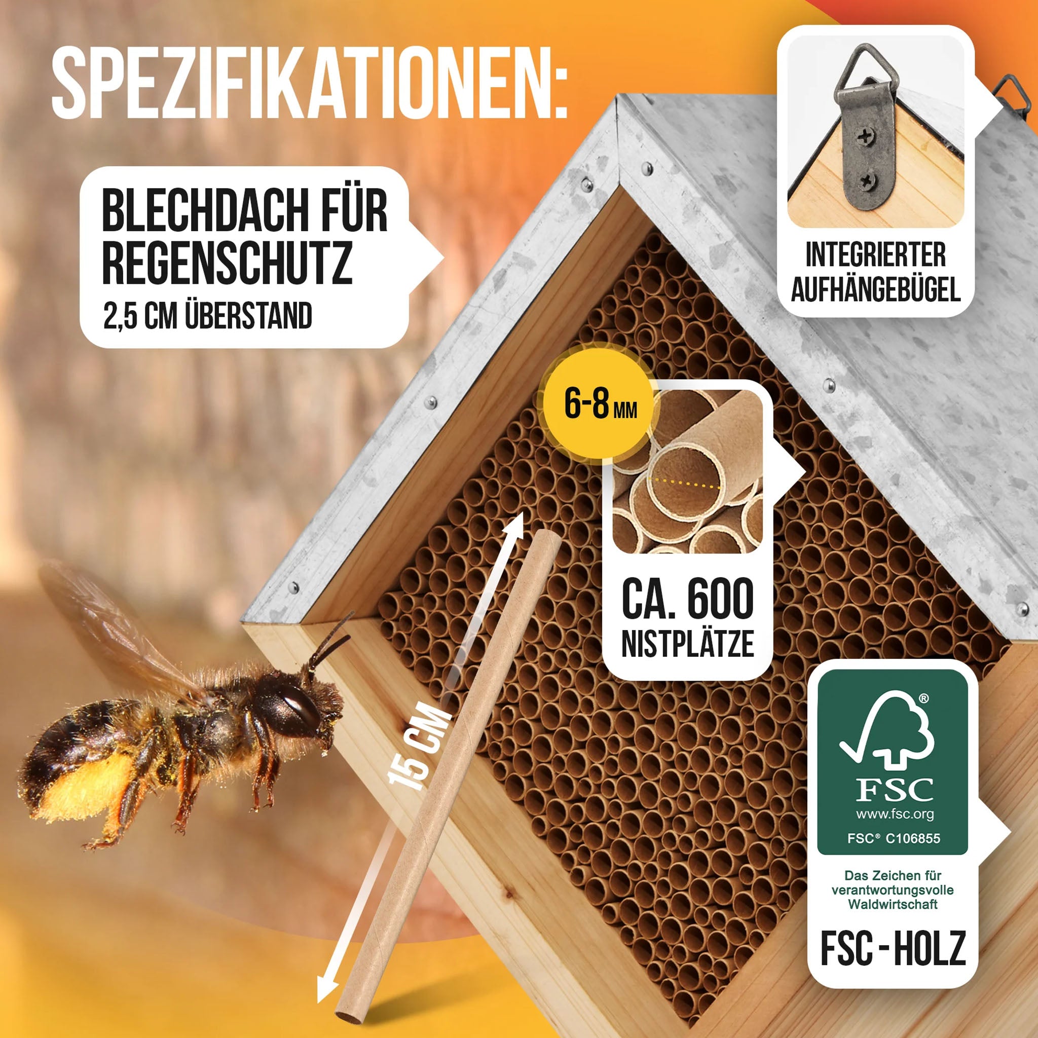 Bienenhotel mit Nisthülsen aus Pappe