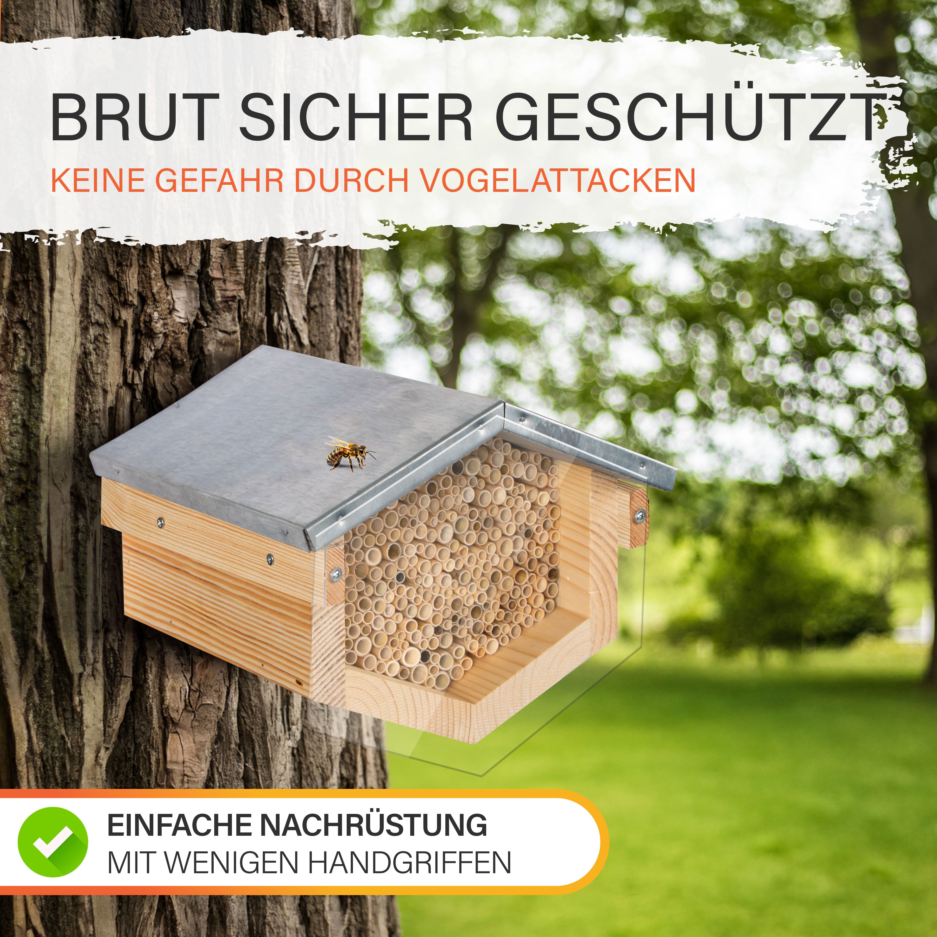 Wildbienenhotel Schilf mit Vogelschutz