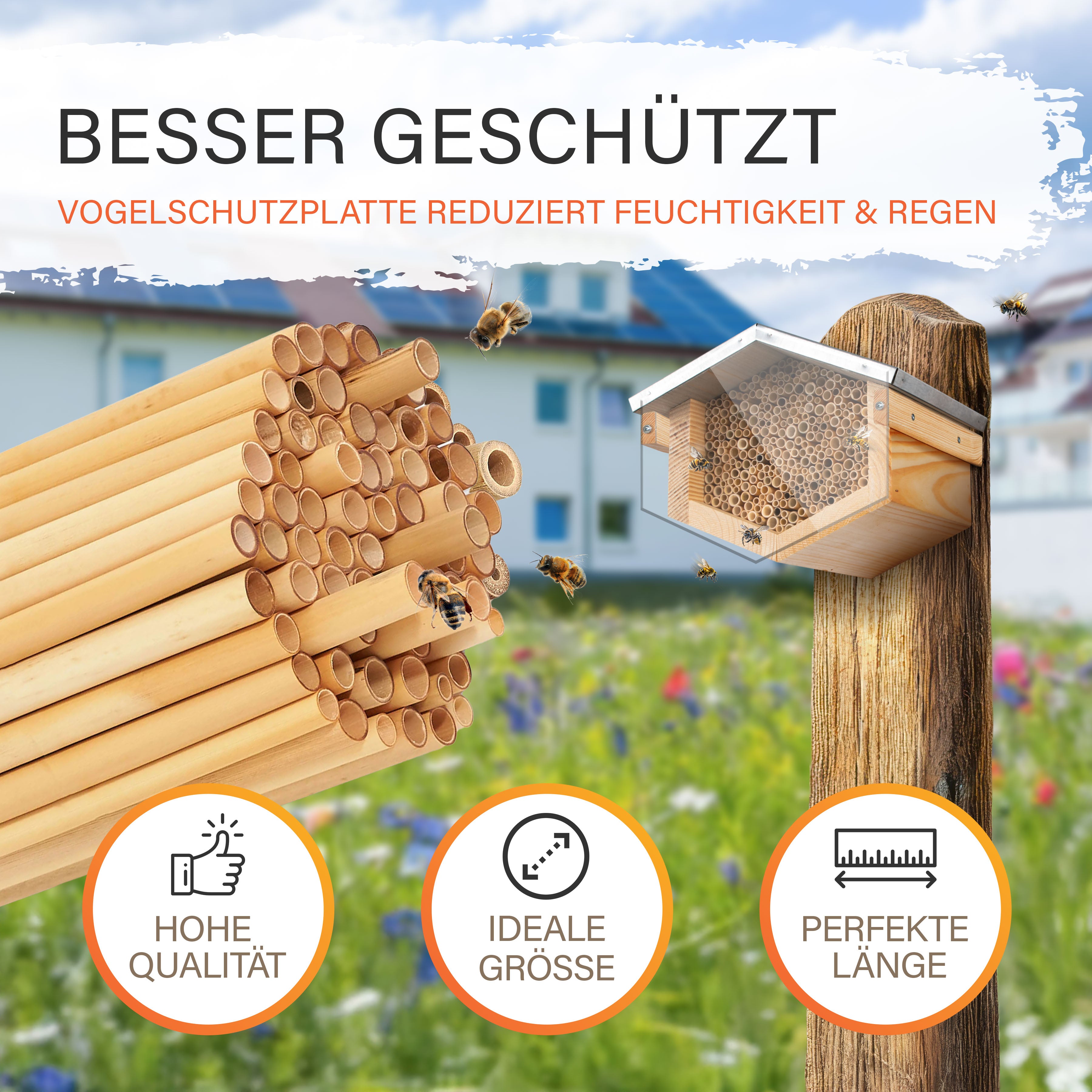 Wildbienenhotel Schilf mit Vogelschutz